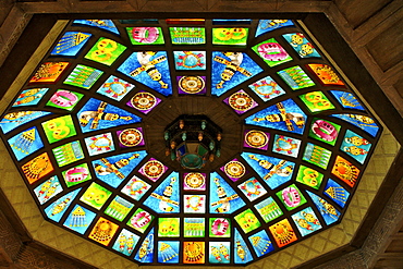 Colourful, mosaic-style windows in the roof of the Mutrah souk in Muscat, the capital of the sultanate of Oman.