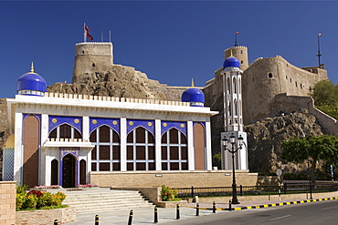 Masjid al Khor Mosque and the Al Mirani fort in the old town of Muscat, the capital of the Sultanate of Oman.