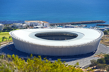 View of the new FIFA 2010 stadium in Greenpoint, Cape Town with Table Bay in the background.