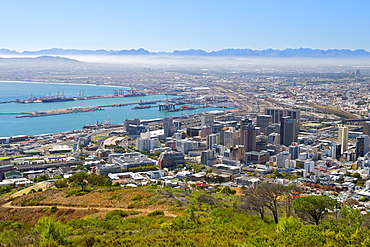 View of the city of Cape Town showing the CBD, the harbour and the Hottentots Holland mountains in the background. Photographed from Signal Hill.