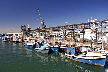 Fishing boats moored in the waterfront at the harbour in Cape Town South Africa.