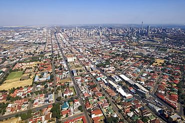 Aerial view of downtown Johannesburg and its eastern suburbs in South Africa.