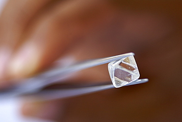 An uncut diamond being examined during sorting at De Beers' Harry Oppenheimer House building in Kimberley South Africa.