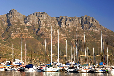 A view of Chapmans Peak drive and yachts in Hout Bay harbour on Cape Town's Atlantic coast.