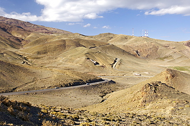 Mountain scenery in the High Atlas Mountains along the Tizi N'Tichka pass road between Ouarzazate and Marrakech in Morocco