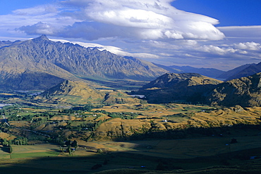 Looking south east from Coronet Peak towards the Shotover Valley and The Remarkables mountains, near Queenstown, west Otago, South Island, New Zealand, Pacific