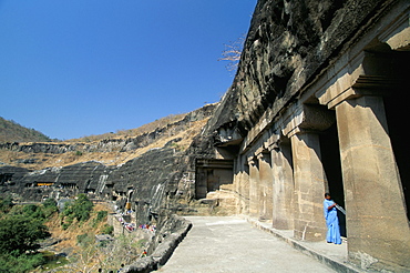 Looking west from Cave 4, largest vihara in the cave site, carved from a horseshoe gorge in the Waghore River, Ajanta, UNESCO World Heritage Site, Maharashtra, India, Asia