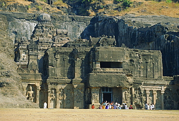 The huge Kailasa (Kailash) Temple, Ellora, Maharashtra State, India"Cut from the rock in the Hindu section of the world-heritage cave temples at Ellora, a project which took 150 years and entailed the removal of 200,000 tons of rock"