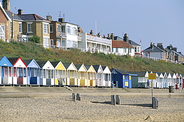 Beach huts on the seafront of the resort town of Southwold, Suffolk, England, United Kingdom, Europe