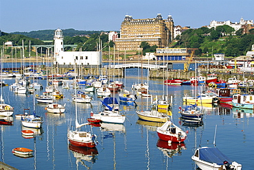 Pleasure boats in the harbour at Scarborough, the popular seaside resort on the coast of North Yorkshire, England, United Kingdom, Europe