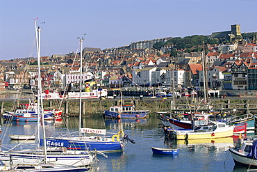 Boats in harbour and seafront, Scarborough, Yorkshire, England, United Kingdom, Europe