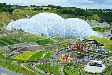 The Humid Tropics biome at the Eden Project, a huge global garden with large hot houses opened in 2001 in a china clay pit, near St Austell, Cornwall, England, United Kingdom, Europe