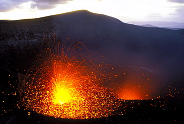 Eruptions from vents in the crater of Mount Yasur, Yasur Volcano, Tanna Island, Vanuatu, PacificEruptions from vents in the crater of  Mount Yasur in east Tanna, one of the Pacific's most accessible & active volcanoes