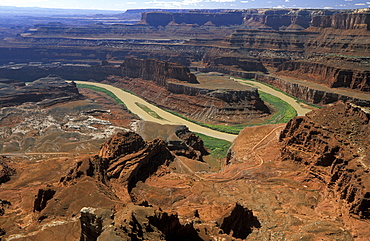 Looking from Dead Horse Point Overlook towards the Goose Neck bend, where the Colorado River Colorado River has carved a dramatic course through the sandstone plateau at Canyonlands National Park, Dead Horse point State Park, Utah, Usa