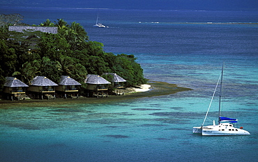 Guest cabins on the resort island  of Iririki just off Port Vila in Vila Bay, Efate Island, Port Vila, Vanuatu