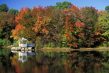 Gazebo and autumn colours, part of the beautiful 
New England fall display, at Ice House Pond (a.k.a 'Golden Pond', but not the same one as in the film) at Hopkinton in October, Massachusetts, United States of America