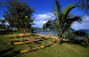 Outrigger canoes and yachts on Vila Bay, Port Vila, Efate Island, Vanuatu