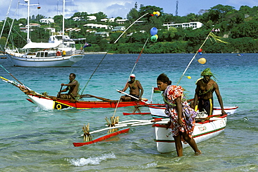 Canoes landing on Iririki Island, just off Port Vila, Efate Island, Port Vila, Vanuatu