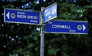 Bi-lingual street sign that reflects Vanuatu's shared Anglo/French colonial past, Efate Island, Vanuatu