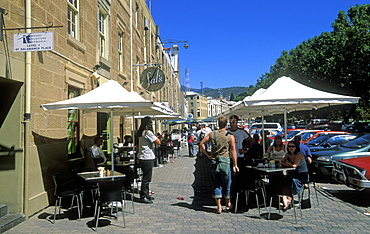 Sandstone warehouses converted to cafes, galleries and shops at popular Salamanca Place, Hobart, Tasmania, Australia, Pacific