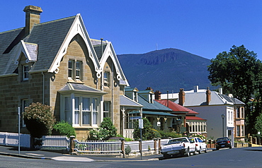 Older properties on Hampden Road, with 1270m Mount Wellington beyond, in the historic district of Battery Point, Hobart, Tasmania, Australia, Pacific