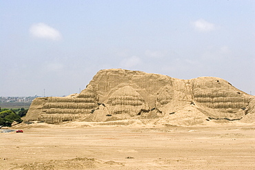 The Huaca del Sol, an adobe brick temple pyramid of the Moche people (100BC-AD850) in the desert north, probably the largest adobe structure in pre-Columbian America, Huaca del Sol, Trujillo, Peru, South America
