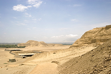 Looking from the Huaca de la Luna towards the Huaca del Sol, another adobe brick temple pyramid of the Moche people (100BC-AD850) and probably the largest adobe structure in pre-Columbian America, the Huacas, Trujillo, Peru, South America