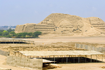 The Huaca del Sol, an adobe brick temple pyramid of the Moche people (100BC-AD850) in the desert north, probably the largest adobe structure in pre-Columbian America, Huaca del Sol, Trujillo, Peru, South America
