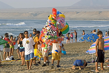 The beach at the popular far north coast fishing & surfing village of Huanchaco, near Trujillo, Peru, South America.