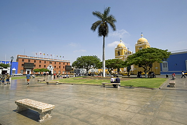 The Cathedral (1666) and colonial-style buildings on the Plaza de Armas in the capital of the north, Trujillo, Peru, South America.