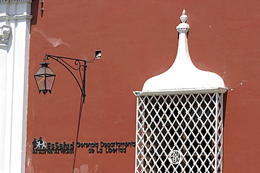 Health office in colonial-style building on the Plaza de Armas in the capital of the north, Trujillo, Peru, South America