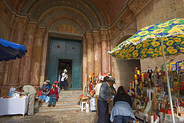 Stall selling Catholic paraphenalia at the entrance to the new Catedral de la Inmaculada Concepcion built in1885, Cuenca, Azuay Province, Southern Highlands, Ecuador, South America