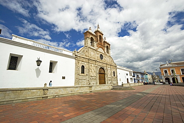 Baroque mestizo limestone facade of the Cathedral in this colonial-style provincial capital, Riobamba, Chimborazo Province, Central Highlands, Ecuador, South America