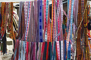 Colourful indigenous-style textiles on sale in this major tourist hub and colonial-style provincial capital, Riobamba, Chimborazo Province, Central Highlands, Ecuador, South America