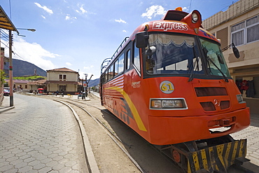 The express alternative to the famous El Nariz del Diablo (The Devil's Nose) train ride, in this busy market town, Alausi, Chimborazo Province, Central Highlands, Ecuador, South America