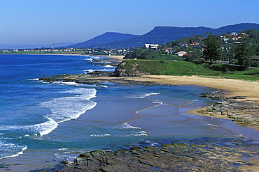 Looking south west from Austinmer Beach Park towards Thirroul and the Illawara Escarpment at Bulli, Austinmer, New South Wales, Australia, Pacific