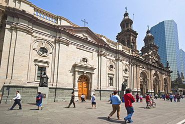 The Metropolitan Cathedral dating from 1745 and modern glass tower block in distance, Plaza de Armas, Santiago, Chile, South America