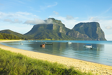 Mount Lidgbird on the left and Mount Gower by the lagoon with the world's most southerly coral reef, on this 10km long volcanic island in the Tasman Sea, Lord Howe Island, UNESCO World Heritage Site, New South Wales, Australia, Pacific