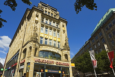 Ornate facade of building where Spitalerstrasse and Moenckebergstrasse meet Barkhof in the shopping heart of Hamburg, Germany, Europe