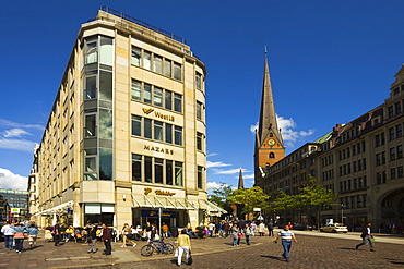 View from Rathausmarkt to the block between Hermannstrasse and Moenckebergstrasse, with St. Peter's Cathedral beyond, Hamburg, Germany, Europe