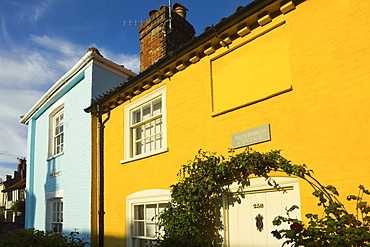 Colourful cottages at the south end of the High Street of this popular unspoiled seaside town, Aldeburgh, Suffolk, England, United Kingdom, Europe