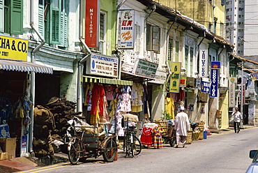 Street scene of shops and signs in Little India on Dunlop Street in the Indian quarter around Serangoon Road in Singapore, Southeast Asia, Asia