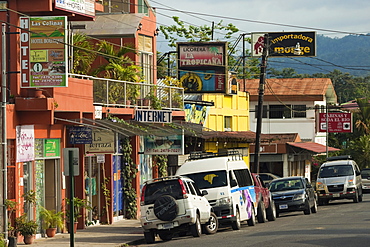 Centre of town and hub for tourist activities near hot springs and Arenal Volcano, La Fortuna, Alajuela Province, Costa Rica, Central America 