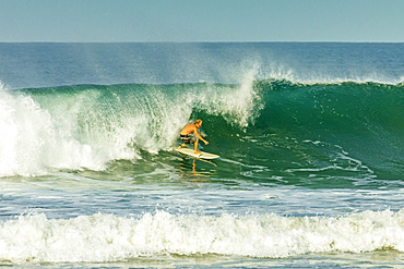 Surfer riding a wave at popular Playa Guiones surf beach, Nosara, Nicoya Peninsula, Guanacaste Province, Costa Rica, Central America