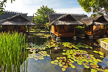 Traditional kampung style rooms over carp ponds at the Kampung Sumber Alam hot springs hotel, Garut, West Java, Java, Indonesia, Southeast Asia, Asia