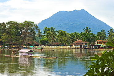 Volcanic cone and Situ Cangkuang lake by this village, known for its Hindu temple, Kampung Pulo, Garut, West Java, Indonesia, Southeast Asia, Asia