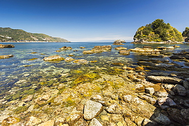 Baia Delle Sirene bay on the north shore of this popular north east tourist town, Taormina, Catania Province, Sicily, Italy, Mediterranean, Europe