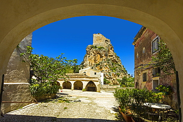 Old tower and buildings at the Tonnara di Scopello, an old tuna fishery and now a popular beauty spot, Scopello, Trapani, Sicily, Mediterranean, Europe