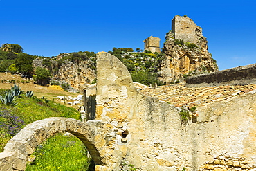 Old towers and buildings at the Tonnara di Scopello, an old tuna fishery and now a popular beauty spot, Scopello, Trapani, Sicily, Mediterranean, Europe