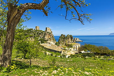 Old towers and buildings at the Tonnara di Scopello, an old tuna fishery and now a popular beauty spot, Scopello, Trapani, Sicily, Mediterranean, Europe